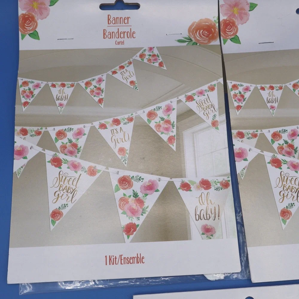 Amscan Sweet Baby Girl Banner Bunting 24 Pennants 15ft Ribbon Floral Rose Gold